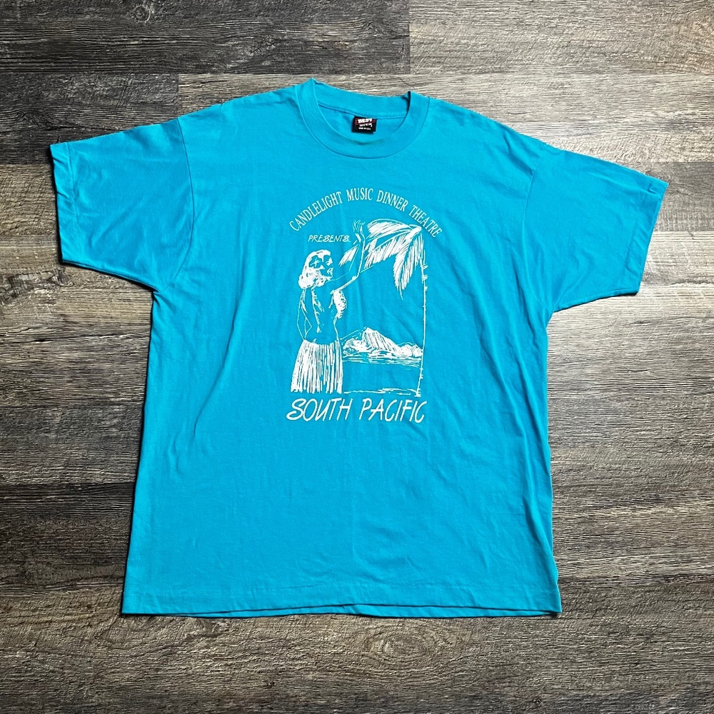 Vintage 1980's South Pacific Broadway Shirt Size XL Blue Fruit Loom Play Tee KC